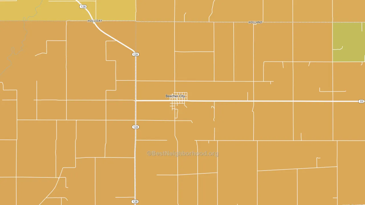 Map of the best neighborhoods in the Beecher City area, with better matches in green and worse matches in red