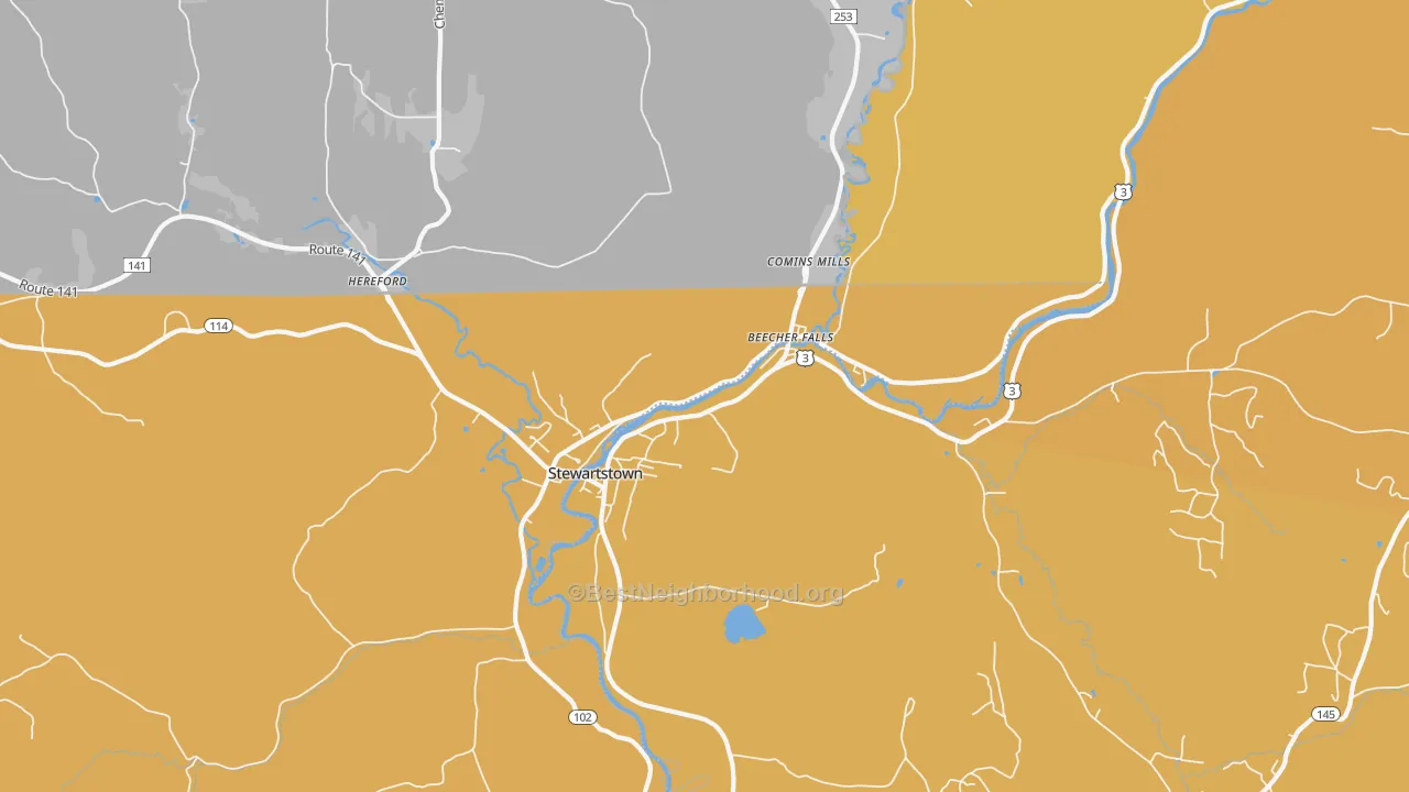Map of the best neighborhoods in the Beecher Falls area, with better matches in green and worse matches in red