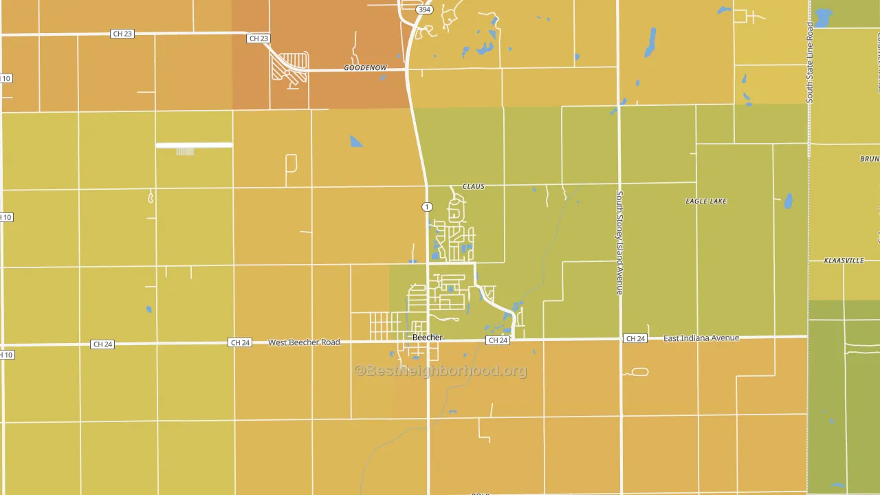 Map of the best neighborhoods in the Beecher area, with better matches in green and worse matches in red