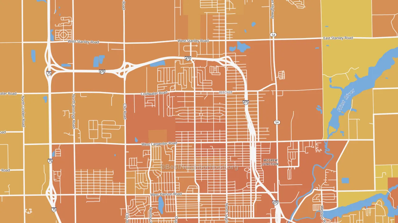 Map of the best neighborhoods in the Beecher area, with better matches in green and worse matches in red