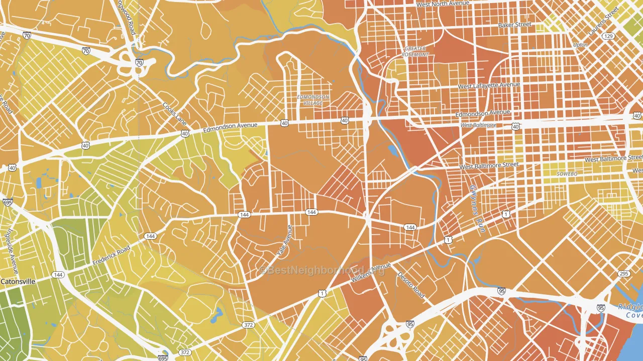Map of the best neighborhoods in the Beechfielf-Irvington Area, Baltimore area, with better matches in green and worse matches in red