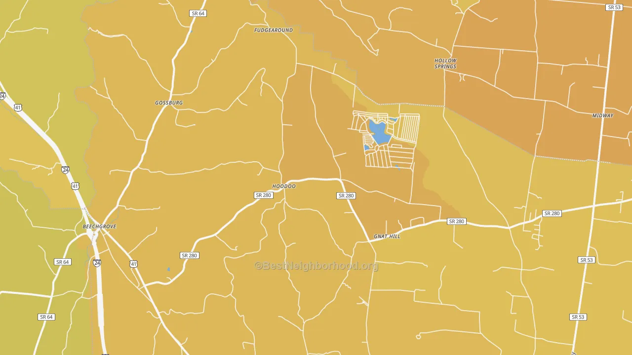 Map of the best neighborhoods in the Beechgrove area, with better matches in green and worse matches in red