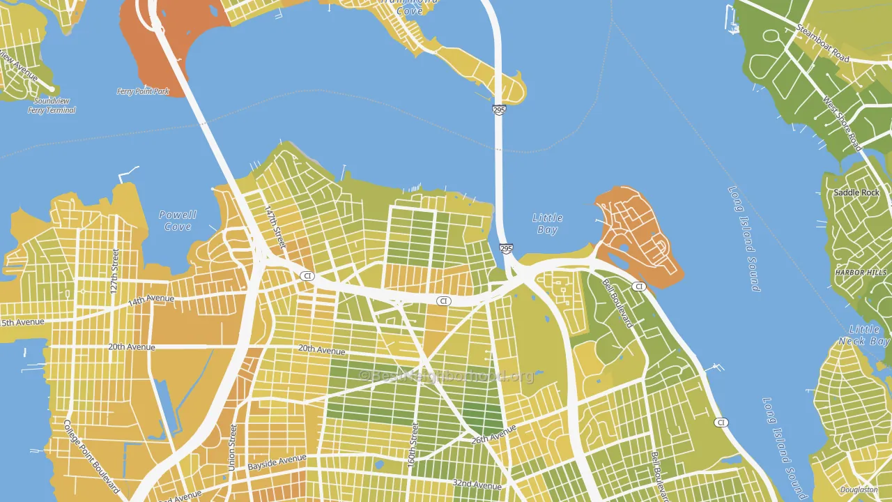 Map of the best neighborhoods in the Beechhurst, Queens area, with better matches in green and worse matches in red