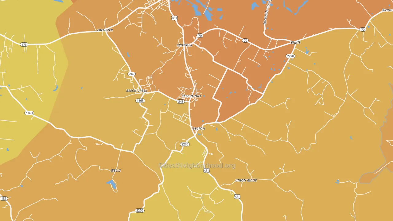 Map of the best neighborhoods in the Beechmont area, with better matches in green and worse matches in red