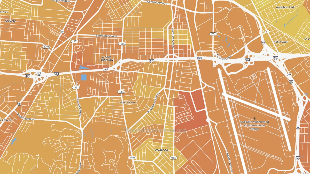 Map of the best neighborhoods in the Beechmont, Louisville area, with better matches in green and worse matches in red