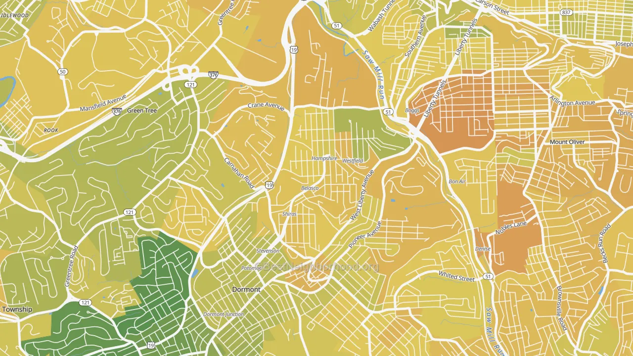 Map of the best neighborhoods in the Beechview, Pittsburgh area, with better matches in green and worse matches in red
