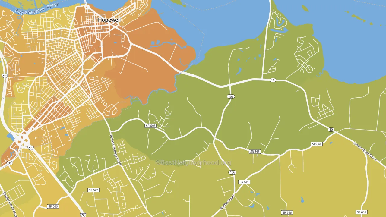 Map of the best neighborhoods in the Beechwood Manor area, with better matches in green and worse matches in red