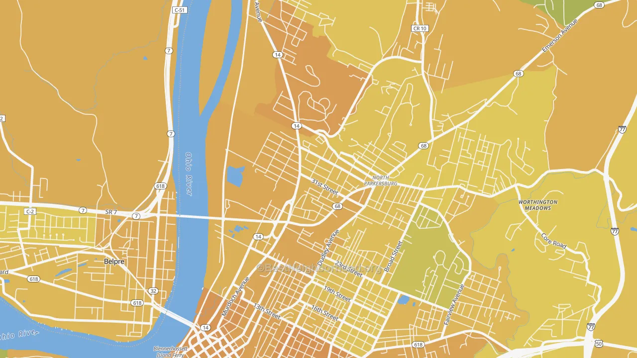 Map of the best neighborhoods in the Beechwood, Parkersburg area, with better matches in green and worse matches in red