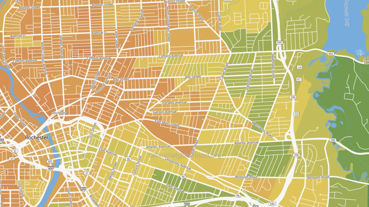 Map of the best neighborhoods in the Beechwood, Rochester area, with better matches in green and worse matches in red
