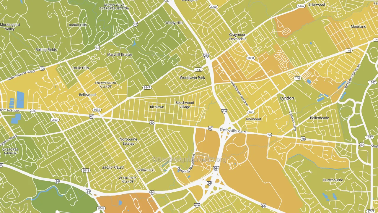 Map of the best neighborhoods in the Beechwood Village area, with better matches in green and worse matches in red