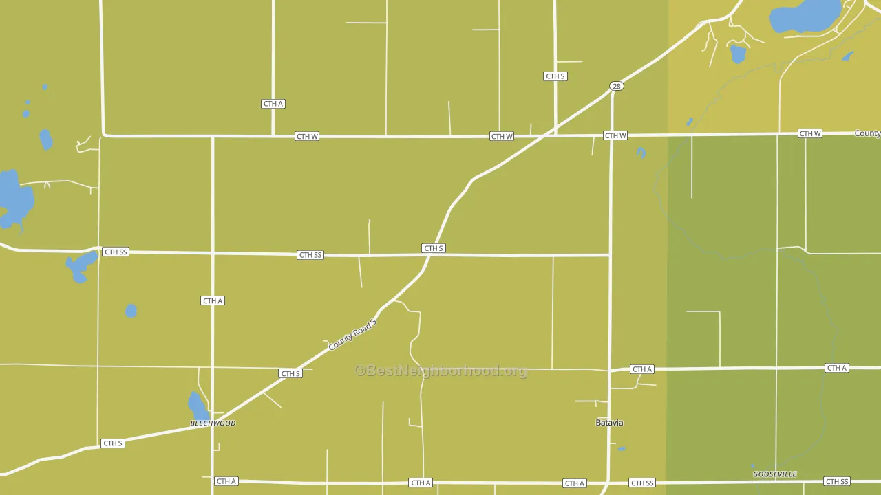 Map of the best neighborhoods in the Beechwood area, with better matches in green and worse matches in red