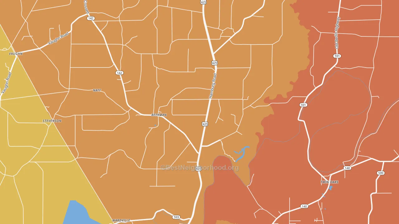 Map of the best neighborhoods in the Beekman area, with better matches in green and worse matches in red