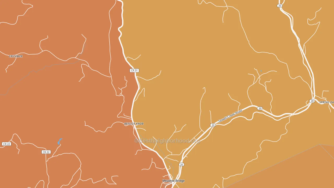 Map of the best neighborhoods in the Beelick Knob area, with better matches in green and worse matches in red