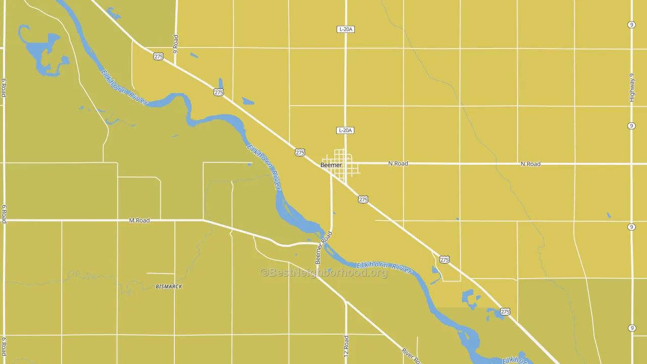 Map of the best neighborhoods in the Beemer area, with better matches in green and worse matches in red