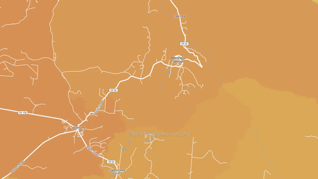 Map of the best neighborhoods in the Beersheba Springs area, with better matches in green and worse matches in red