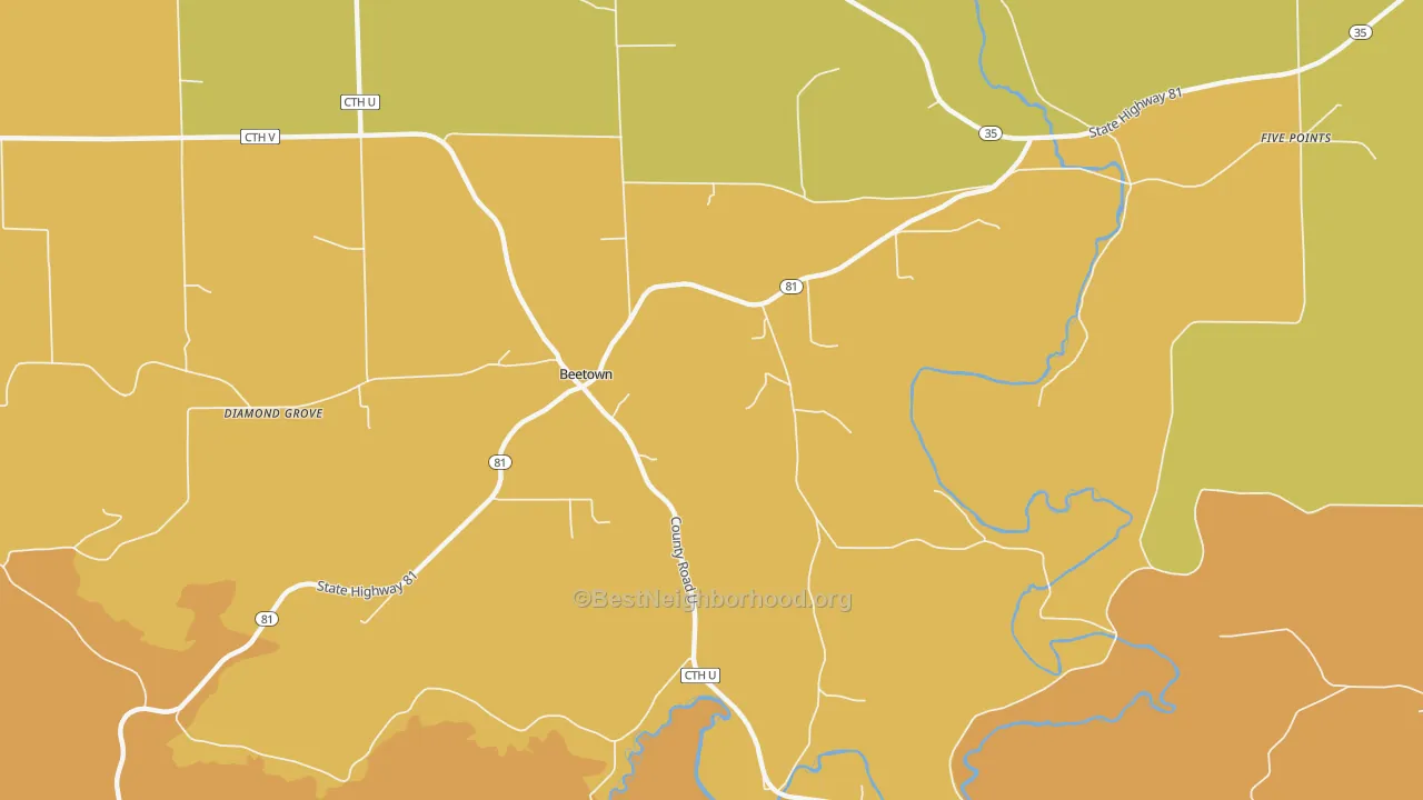 Map of the best neighborhoods in the Beetown area, with better matches in green and worse matches in red
