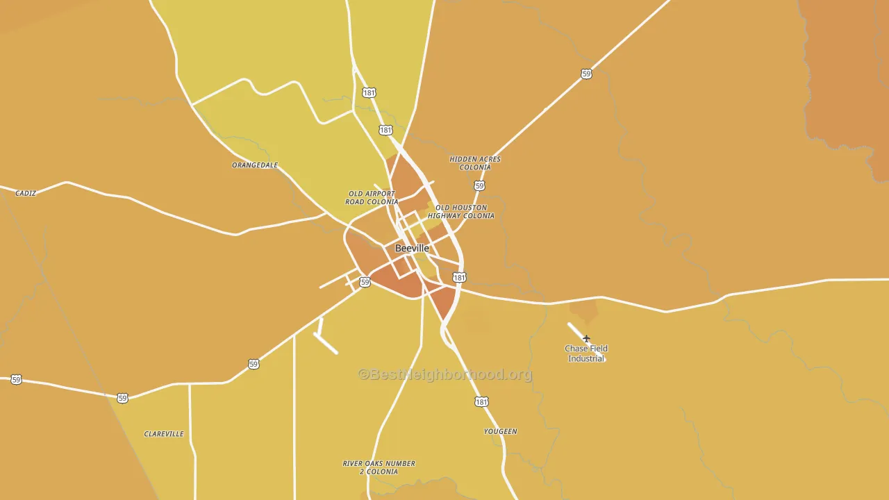 Map of the best neighborhoods in the Beeville area, with better matches in green and worse matches in red