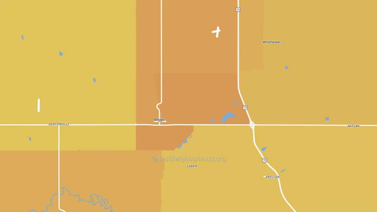 Map of the best neighborhoods in the Beggs area, with better matches in green and worse matches in red