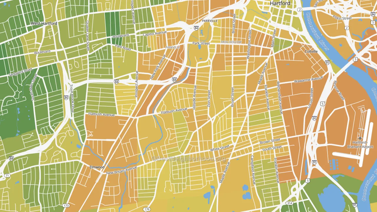 Map of the best neighborhoods in the Behind The Rocks, Hartford area, with better matches in green and worse matches in red