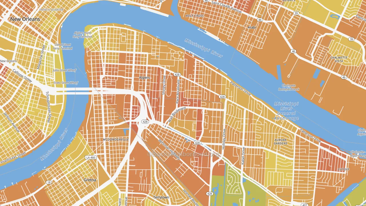 Map of the best neighborhoods in the Behrman, New Orleans area, with better matches in green and worse matches in red