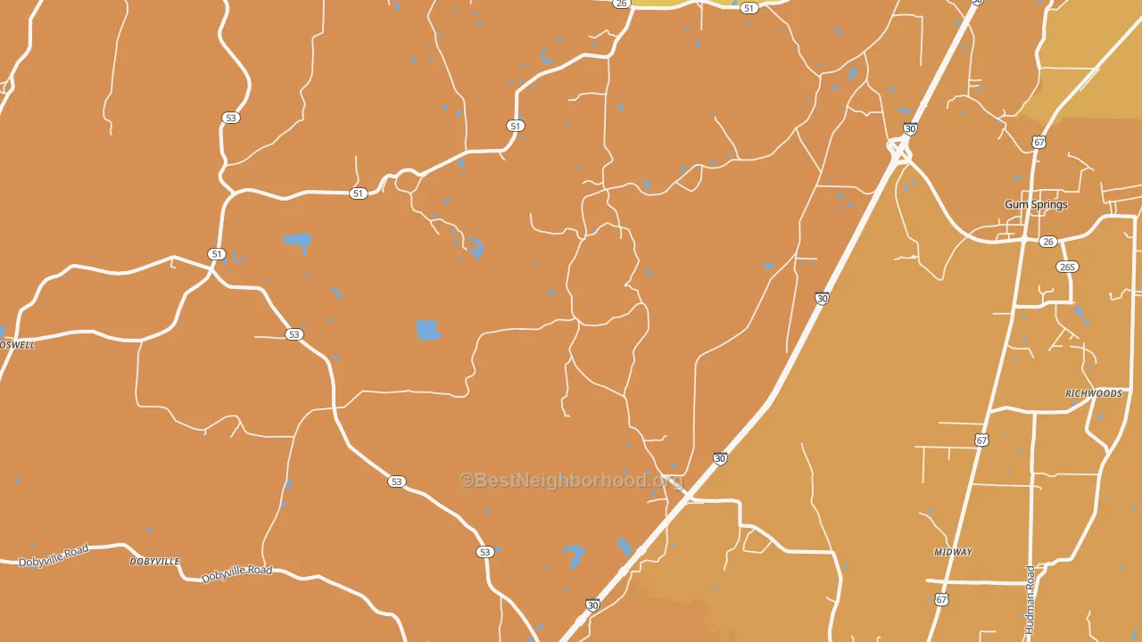 Map of the best neighborhoods in the Beirne area, with better matches in green and worse matches in red