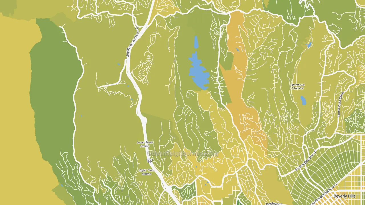 Map of the best neighborhoods in the Bel Air, Los Angeles area, with better matches in green and worse matches in red