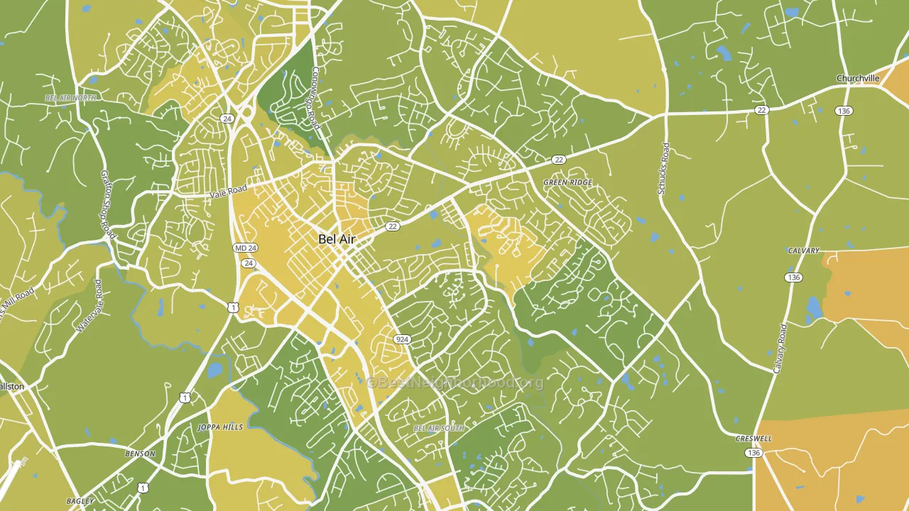 Map of the best neighborhoods in the Bel Air area, with better matches in green and worse matches in red