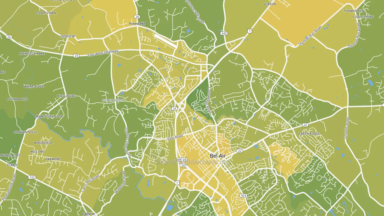 Map of the best neighborhoods in the Bel Air North area, with better matches in green and worse matches in red