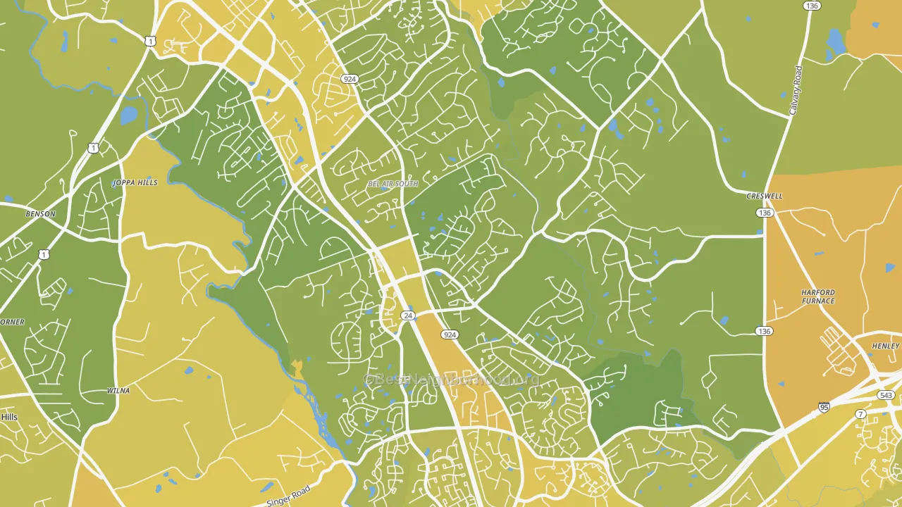 Map of the best neighborhoods in the Bel Air South area, with better matches in green and worse matches in red