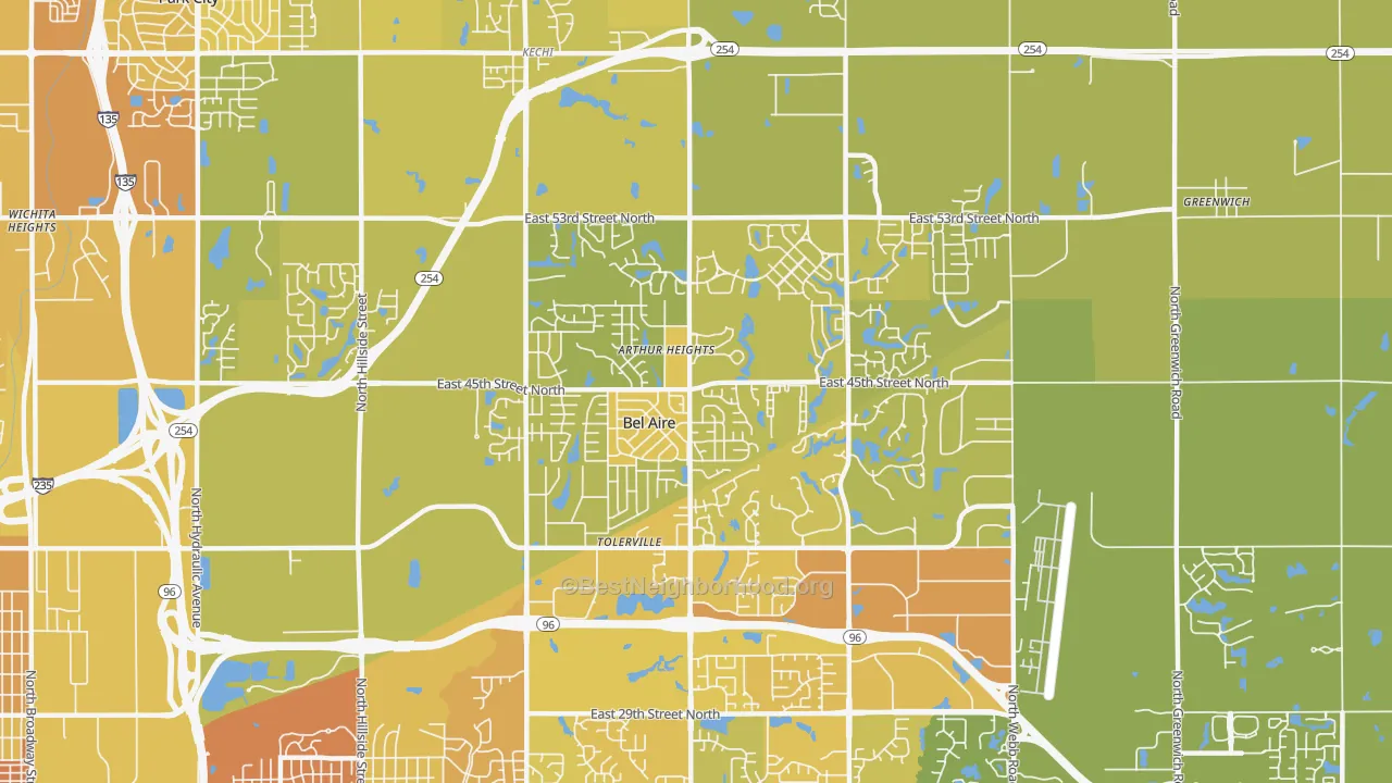 Map of the best neighborhoods in the Bel Aire area, with better matches in green and worse matches in red