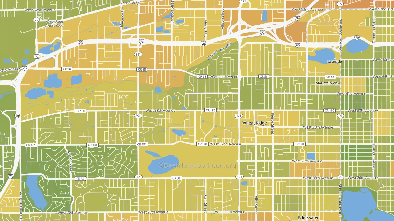 Map of the best neighborhoods in the Bel Aire, Wheat Ridge area, with better matches in green and worse matches in red