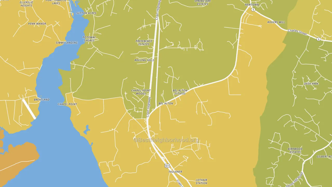 Map of the best neighborhoods in the Bel Alton area, with better matches in green and worse matches in red
