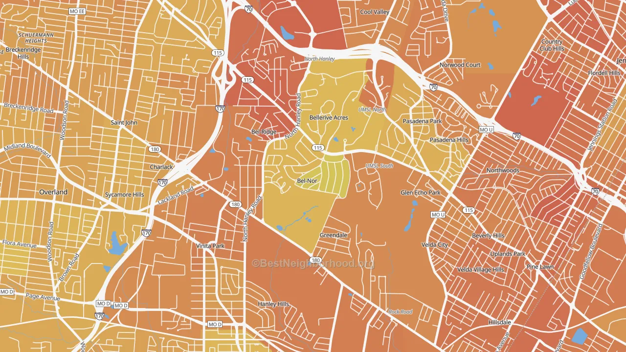 Map of the best neighborhoods in the Bel-Nor area, with better matches in green and worse matches in red