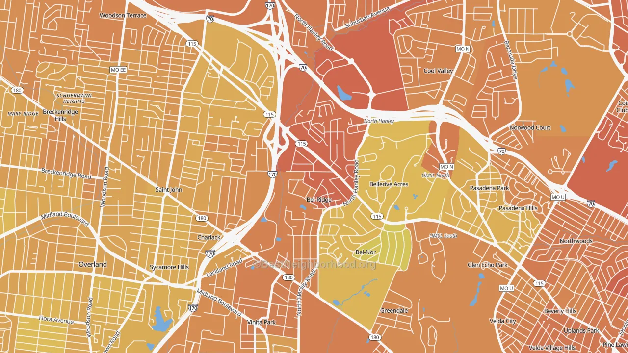 Map of the best neighborhoods in the Bel-Ridge area, with better matches in green and worse matches in red