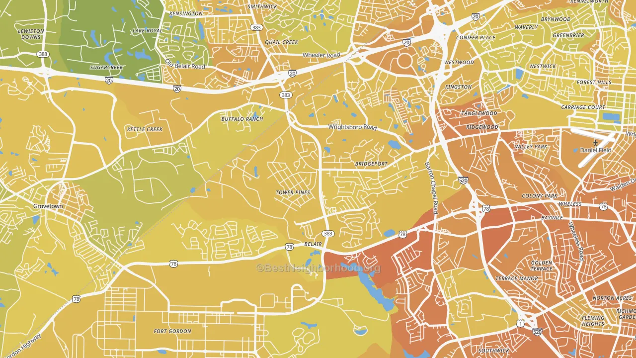 Map of the best neighborhoods in the Belair, Augusta area, with better matches in green and worse matches in red
