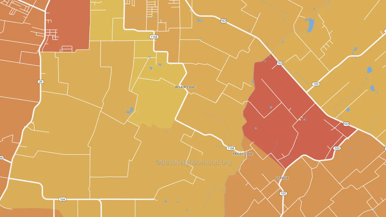 Map of the best neighborhoods in the Belair Cove area, with better matches in green and worse matches in red