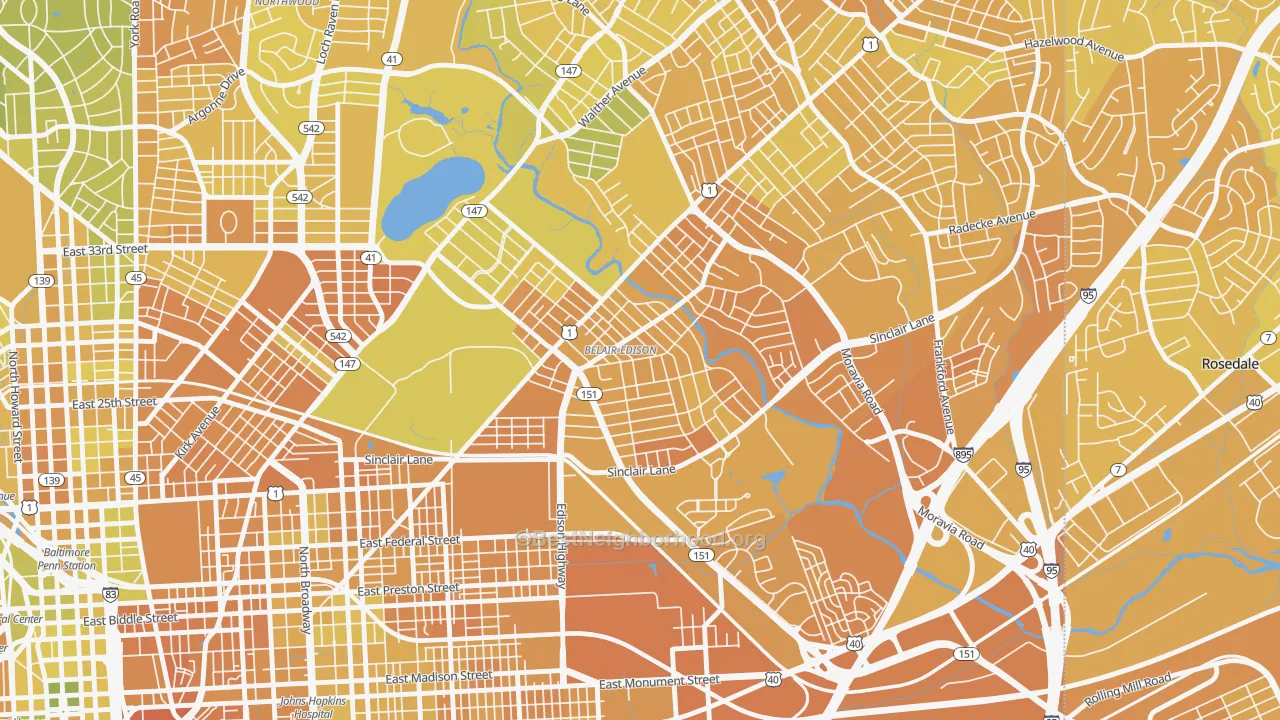 Map of the best neighborhoods in the Belair-Edison, Baltimore area, with better matches in green and worse matches in red