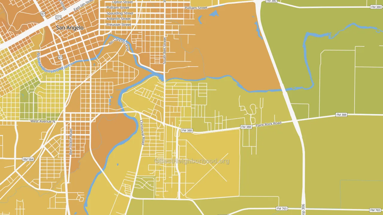 Map of the best neighborhoods in the Belaire, San Angelo area, with better matches in green and worse matches in red