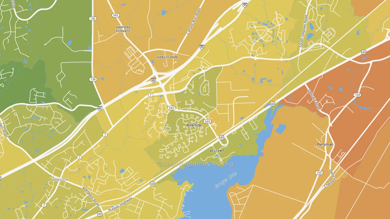 Map of the best neighborhoods in the Belcamp area, with better matches in green and worse matches in red