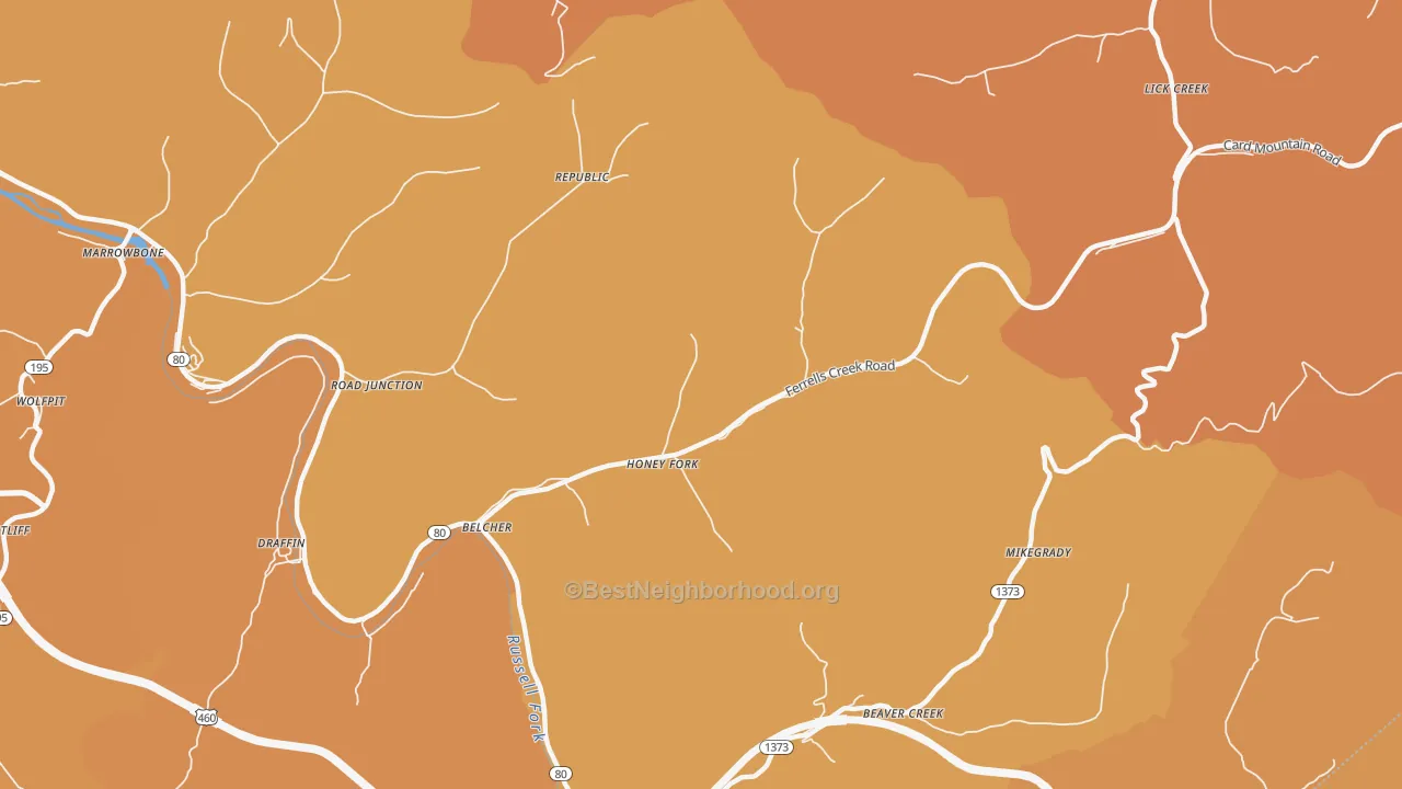 Map of the best neighborhoods in the Belcher area, with better matches in green and worse matches in red