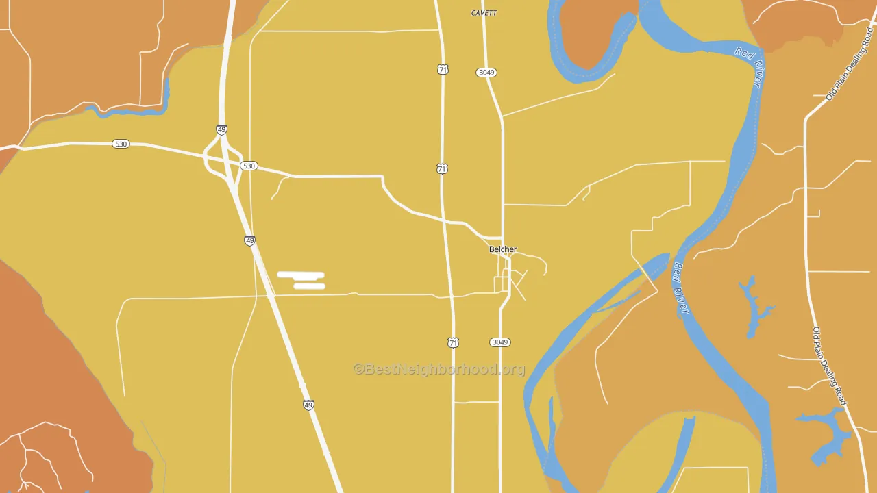 Map of the best neighborhoods in the Belcher area, with better matches in green and worse matches in red
