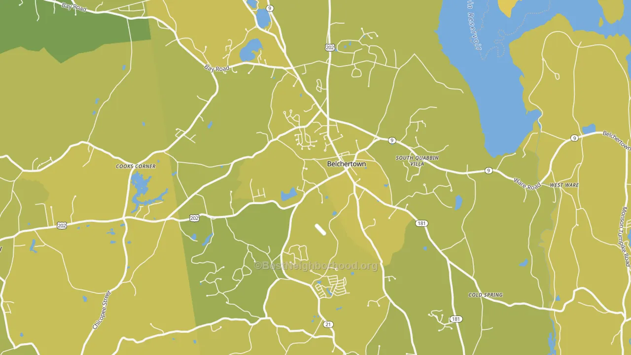 Map of the best neighborhoods in the Belchertown area, with better matches in green and worse matches in red