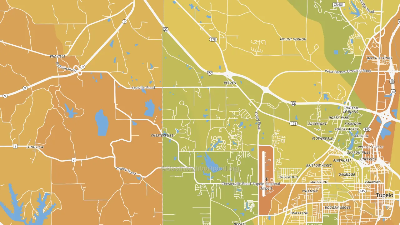 Map of the best neighborhoods in the Belden area, with better matches in green and worse matches in red