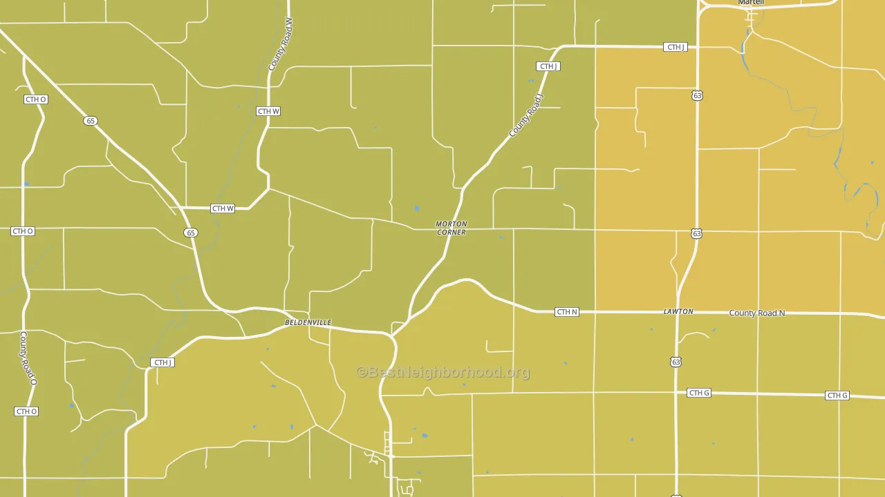 Map of the best neighborhoods in the Beldenville area, with better matches in green and worse matches in red