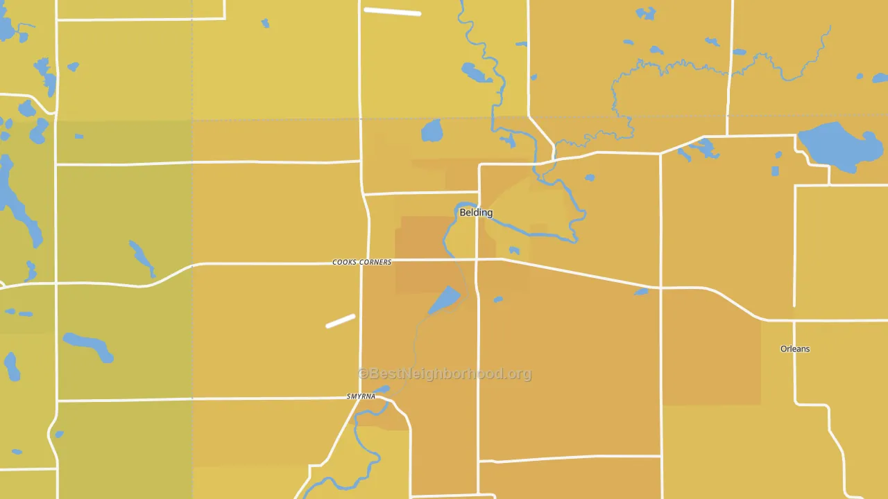 Map of the best neighborhoods in the Belding area, with better matches in green and worse matches in red