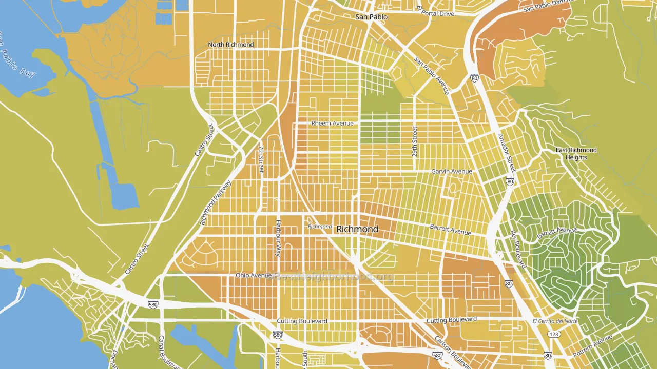Map of the best neighborhoods in the Belding Woods, Richmond area, with better matches in green and worse matches in red