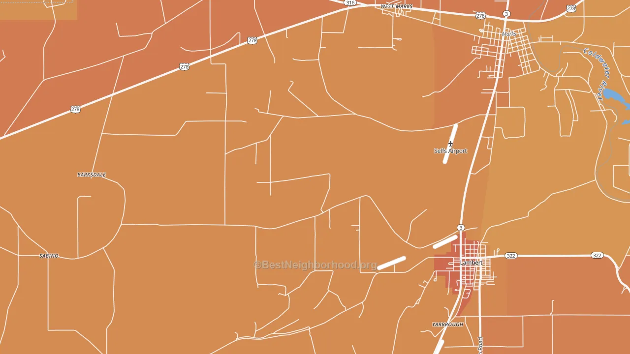 Map of the best neighborhoods in the Belen area, with better matches in green and worse matches in red