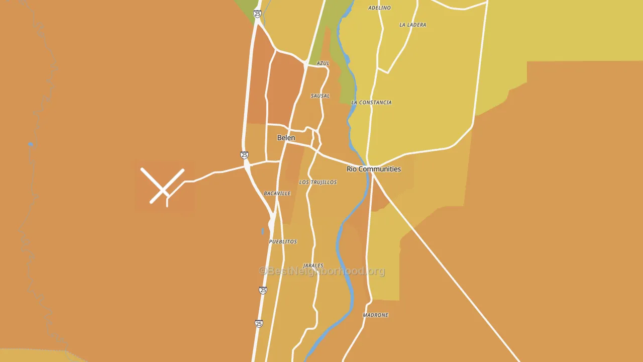 Map of the best neighborhoods in the Belen area, with better matches in green and worse matches in red