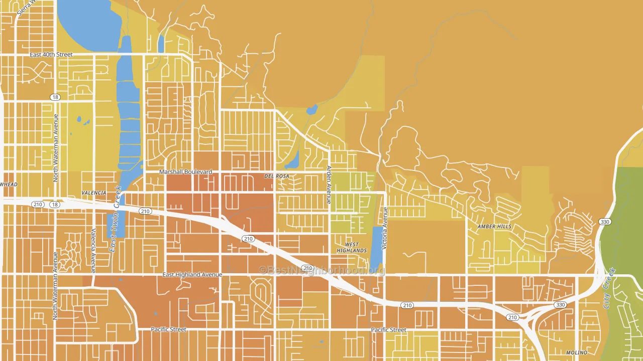 Map of the best neighborhoods in the Belevedere, San Bernardino area, with better matches in green and worse matches in red