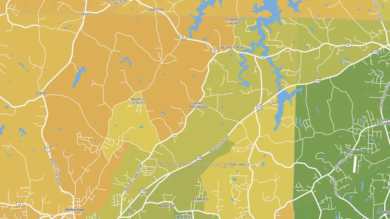 Map of the best neighborhoods in the Belews Creek area, with better matches in green and worse matches in red